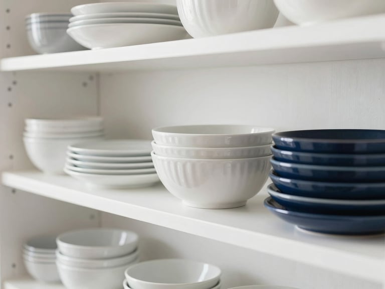 Organized modern kitchen shelves with premium ceramic dinnerware, soft natural daylight, clean white and navy tones, shallow depth of field, 35mm