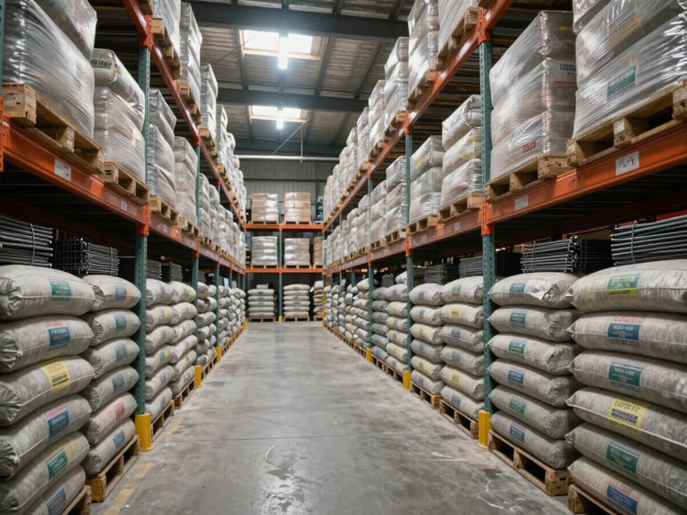 Wide environmental shot of a warehouse aisle, floor-to-ceiling shelving packed with labeled cement bags and steel rebar bundles, overcast warehouse daylight from skylights above, cool-white overhead fluorescents, deep inventory density visible in background