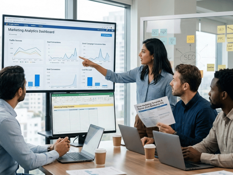A photo-realistic scene in a bright, professional office where a diverse marketing team of three is