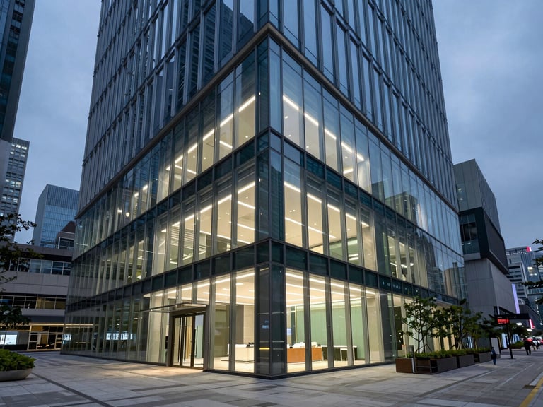 Wide-angle architectural view of a modern Hong Kong office interior, clean geometric lines, glass walls reflecting high-key corporate lighting.