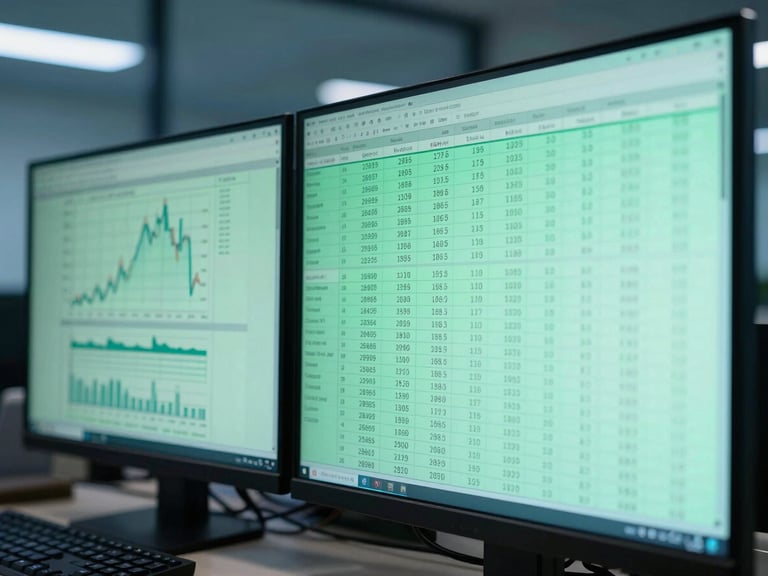 Macro close-up of a dual-monitor setup in a high-rise office, displaying structured financial data visualizations and ledger classification streams in jade green.