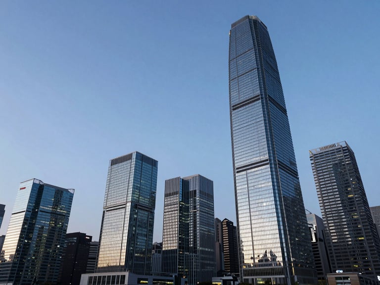 Wide-angle architectural shot of the Hong Kong Central skyline at blue hour, towering glass skyscrapers reflecting deep obsidian and cool cyan light, clean negative space on the left.