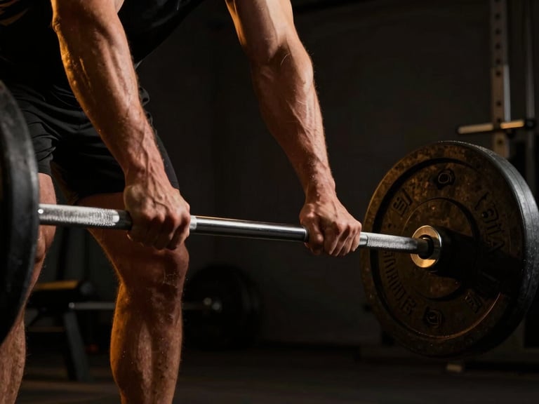 Dynamic low-angle shot of a member gripping a knurled barbell under dramatic high-contrast gym lighting, warm amber glow on deep charcoal background.