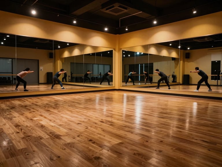 Wide environmental shot of a vibrant, clean aerobics studio with wooden flooring, warm accent lighting reflecting off the mirrors