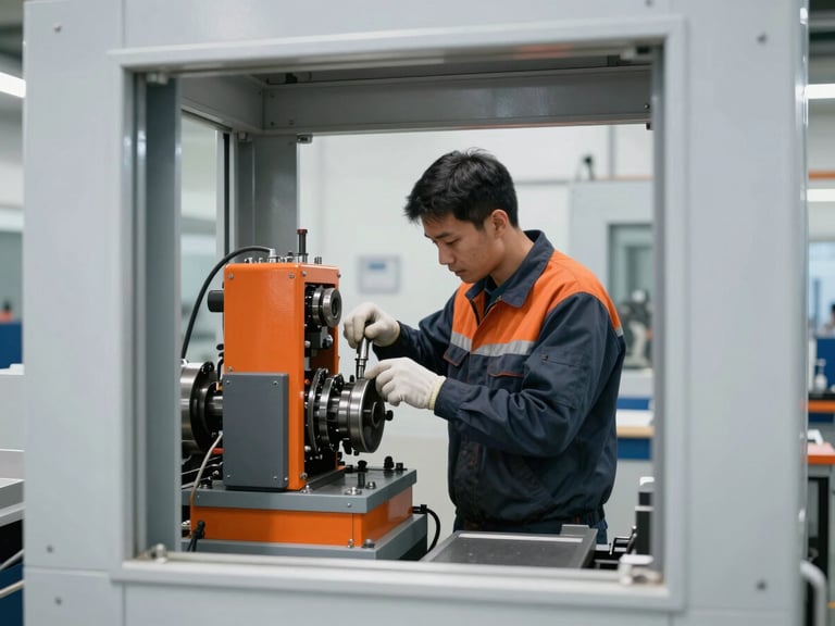 Technician performing a detailed inspection of mechanical equipment in a clean facility, high-contrast daylight, industrial slate and orange tones, 35mm