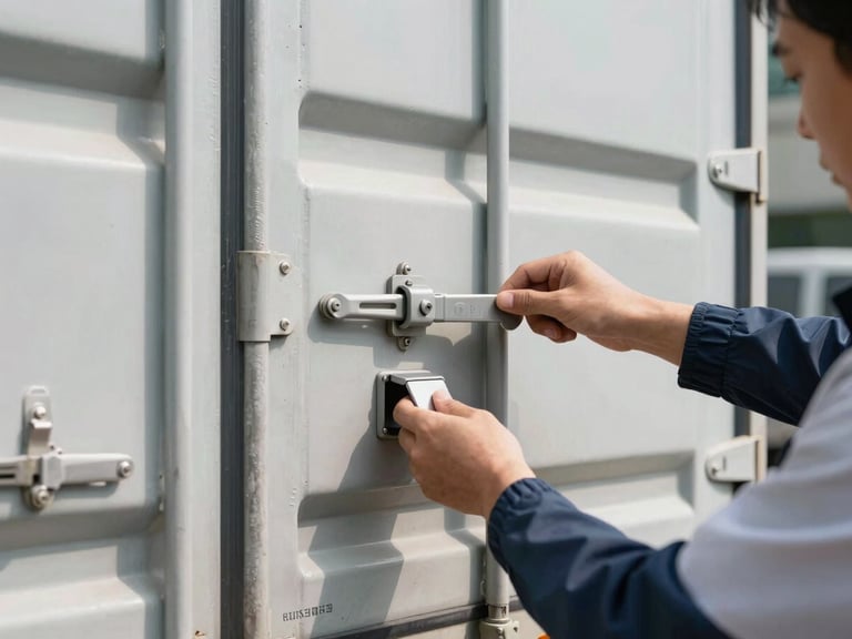 Close-up of a secure cargo truck container being inspected under bright daylight, highlighting the high-security seal and professional handling.