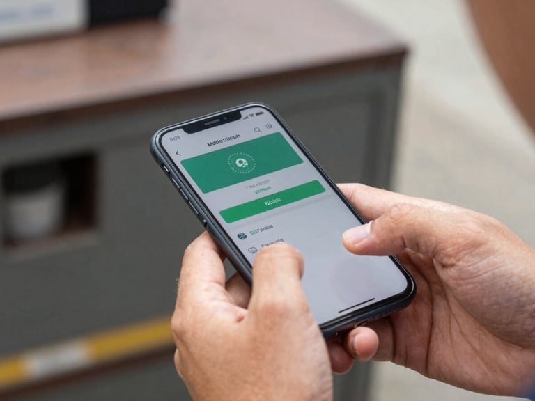 Macro shot of worker hands holding a smartphone displaying a successful mobile wallet payment confirmation, outdoor daylight
