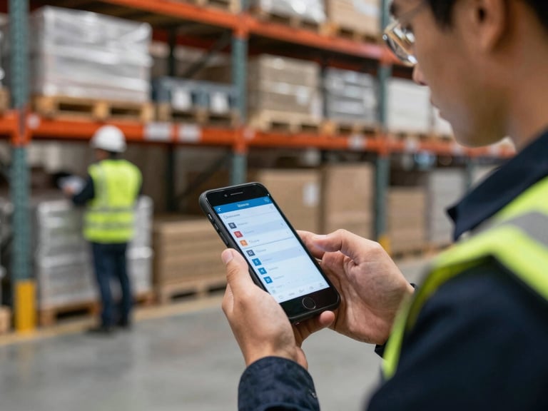 Close-up of industrial supervisor reviewing digital credentials on a mobile phone, active warehouse background, high-contrast work-site lighting