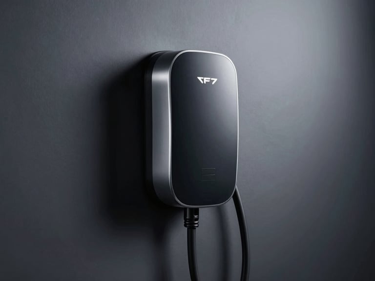 Sleek wall-mounted EV home charger on a clean modern garage wall, dramatic studio lighting, high-contrast metallic details, professional commercial style