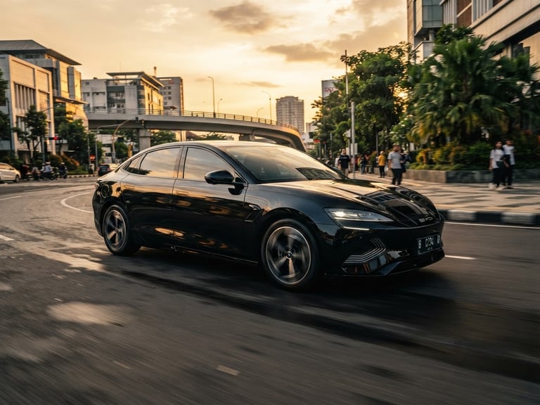 Low-angle heroic tracking shot of a sleek black BYD Seal driving through the modern streets of Bandung at golden hour, sharp metallic reflections, professional commercial style, 35mm.
