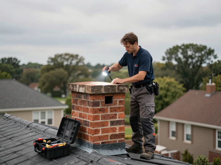 Wide shot of a PureAir360 technician on a residential rooftop beside a brick chimney, overcast natural light, inspecting the chimney crown with a flashlight, tools and equipment case visible on the roof surface nearby