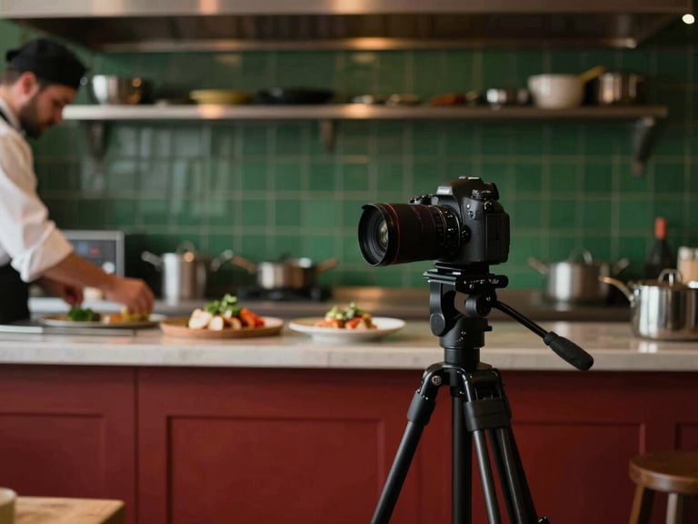 A camera on a tripod in a cozy, dimly lit restaurant kitchen, chef's hands in the background preparing food, soft side-light, rich crimson and forest green tones