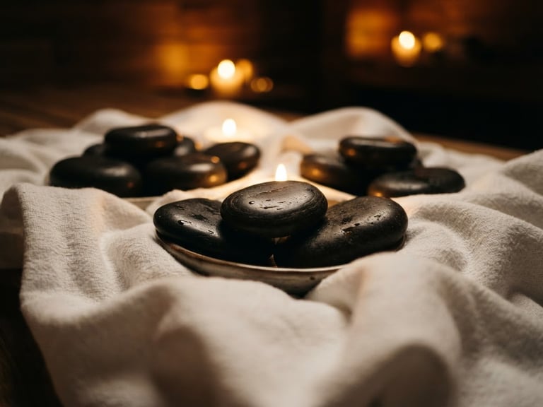 Close-up of smooth, dark basalt hot stones arranged on a folded white luxury linen, bathed in warm candlelit glow, deep shadows, rich gold and black tones, shallow depth of field, 35mm.