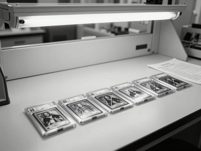 Wide environmental shot of a grading lab workspace, shadowless overhead fluorescent lighting, several trading cards in rigid sleeves laid out in a row on a clean white surface, grading documentation forms beside them, no people present, clinical precision, black and white tones