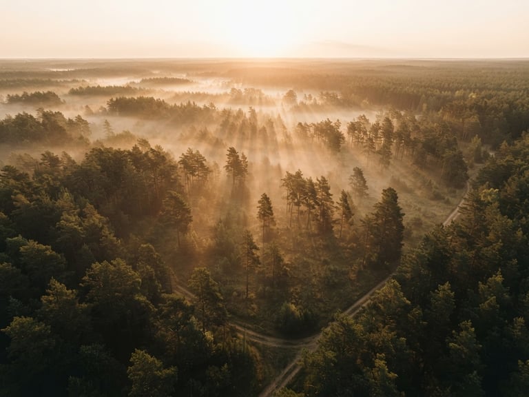 Cinematic extreme wide drone shot of a misty Lithuanian pine forest at golden hour, low warm sun casting long shadows, 35mm film look, warm cream tones.
