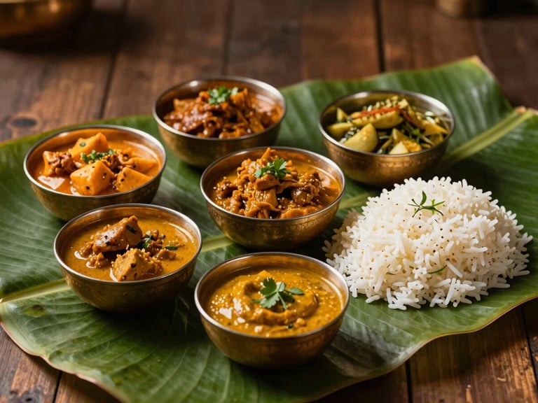 Artfully arranged traditional banana leaf setting with vibrant South Indian curries, steamed rice, and gleaming brass bowls under warm, dramatic low-key lighting.