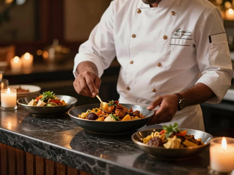 A professional chef in an immaculate white uniform plating a modern South Indian dish at an elegant live counter, soft ambient candlelit glow, rich deep tones.