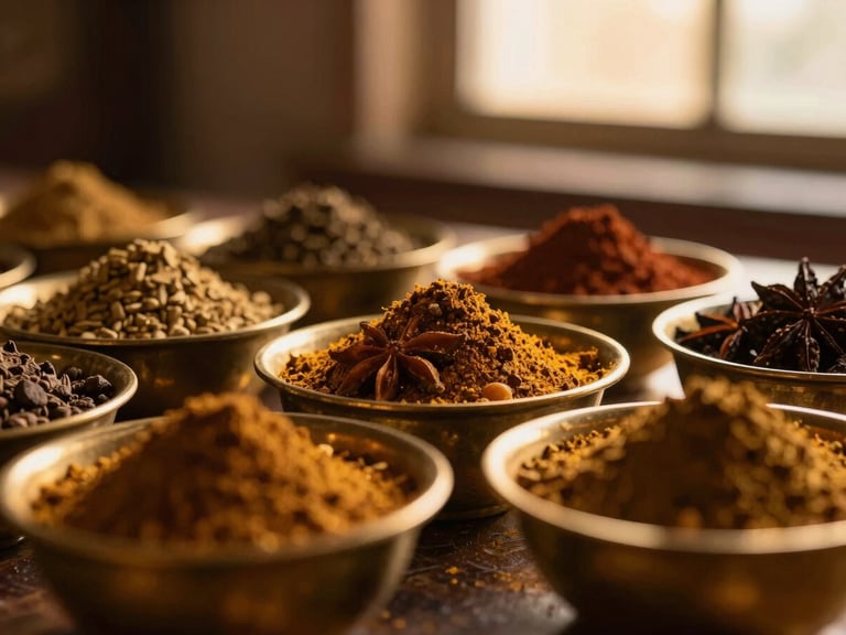 A close-up of hand-ground spices in traditional brass bowls, warm low-key lighting with soft golden-hour window light, rich deep tones