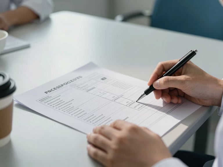 Close-up of clinical hands reviewing a printed process flowchart on a hospital meeting room table under natural window light, coffee cup and pen visible at the edge, documentary style, no faces