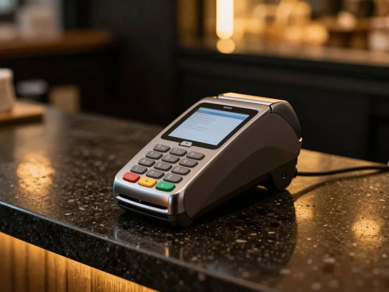 Dramatic close-up of a modern sleek POS payment terminal in a boutique bakery, warm golden ambient light reflecting on dark polished stone counter, premium look, 35mm lens
