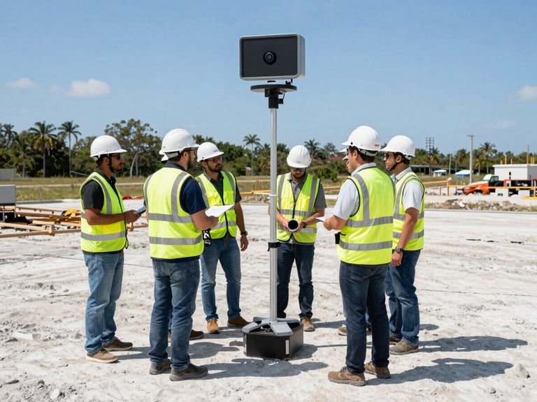 AJE Consulting team member in high-visibility gear operating a ground-penetrating radar on a construction site, Florida landscape in background, bright direct sunlight.