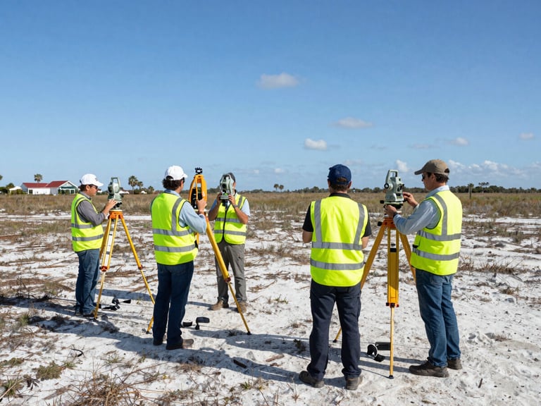 A wide environmental shot of a technical surveying team in high-visibility gear working with GPS mapping instruments on a flat Florida landscape, direct sunlight, detailed