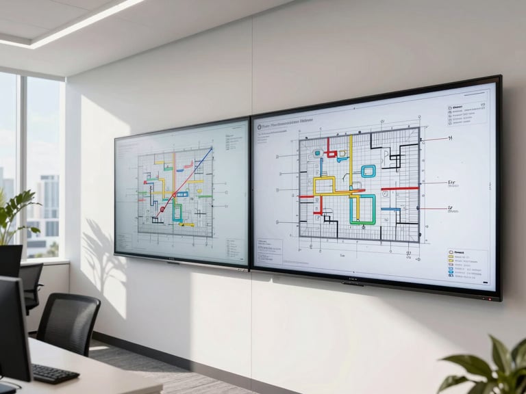 A clean modern office environment in Fort Lauderdale with large mapping displays on the wall, engineers analyzing physical blueprints, bright daylight, sharp documentary photography