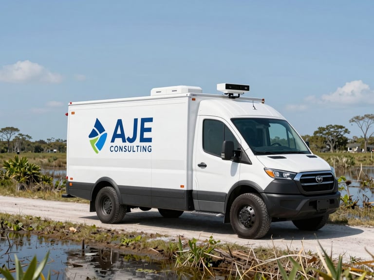 Branded AJE Consulting field vehicle equipped with advanced environmental sensors, parked on a wetland edge in Florida, bright direct sunlight, wide-angle lens.