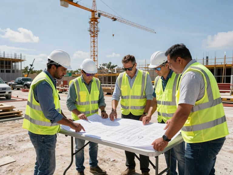 AJE Consulting team members in high-visibility vests reviewing large-scale blueprints on a folding table at an active construction site, a crane in the background, bright Florida sunlight.