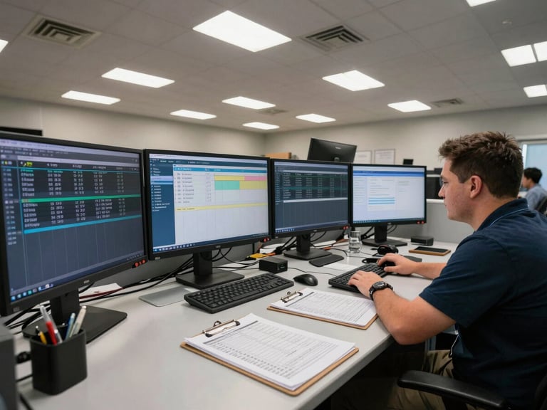 Wide environmental shot of a freight dispatch office floor, overhead fluorescent lighting, two dispatchers at workstations with multiple screens showing load boards, clipboards and printed rate confirmations on the desk surface, utilitarian and active