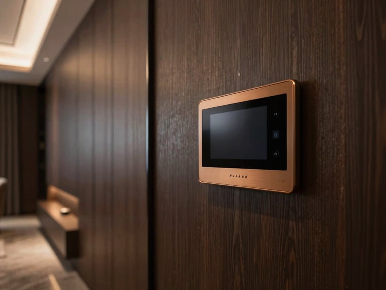 Wide shot of a luxury residential interior, integrated smart home control panel with subtle bronze accents flush-mounted into a dark wood wall, warm ambient architectural lighting, deep shadows, rich bronze and charcoal tones, Hasselblad medium format.