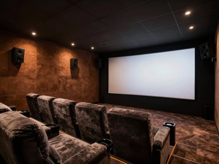 Dedicated luxury home cinema room, plush seating, large screen, hidden speakers integrated into acoustic panels, moody warm lighting, deep shadows, rich bronze and charcoal tones, Hasselblad medium format.