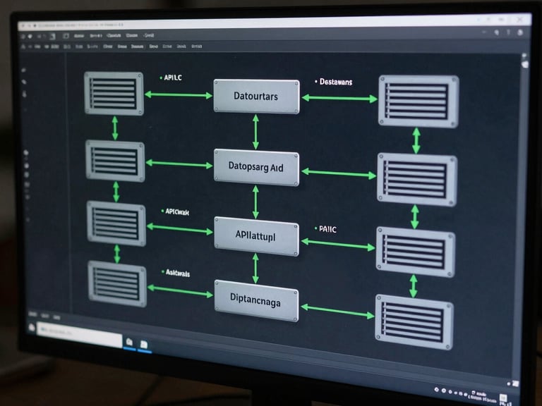 A clean, cool-toned architectural schematic of database clustering and API gateways displayed on a dark developer monitor, green accent lines, sharp focus.