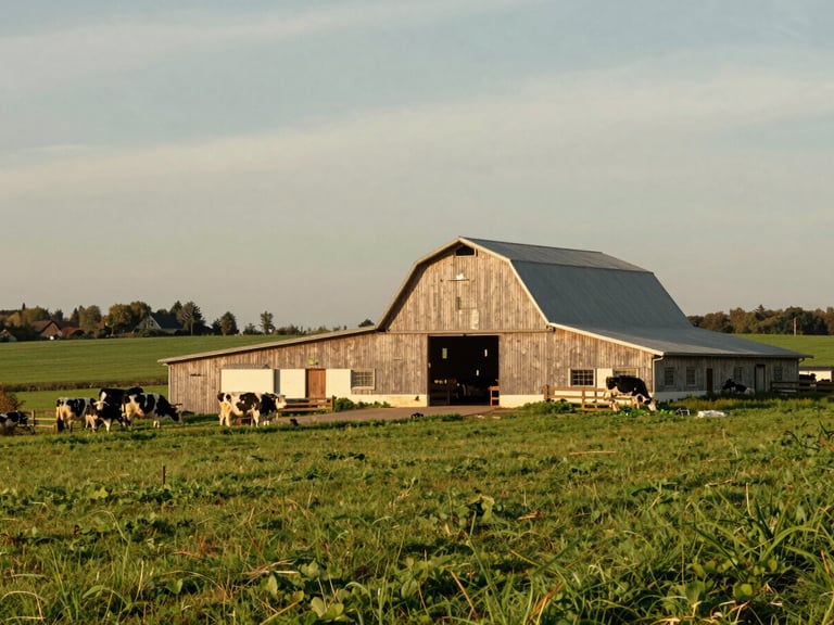 Wide environmental shot of a modern French dairy farm at golden hour, with a clean wooden barn and rolling green pastures, authentic agricultural setting.