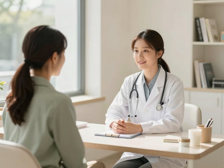 Relaxed doctor-patient consultation in a luxurious, sunlit clinic office, bright natural daylight, soft ivory and muted sage tones