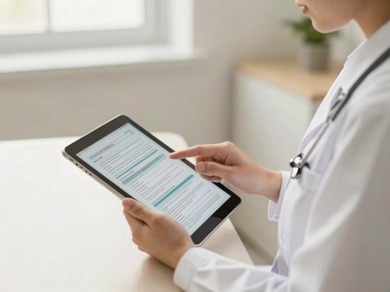 Medical professional reviewing detailed scientific data on a tablet in a clinic, bright natural daylight, soft ivory and muted sage tones