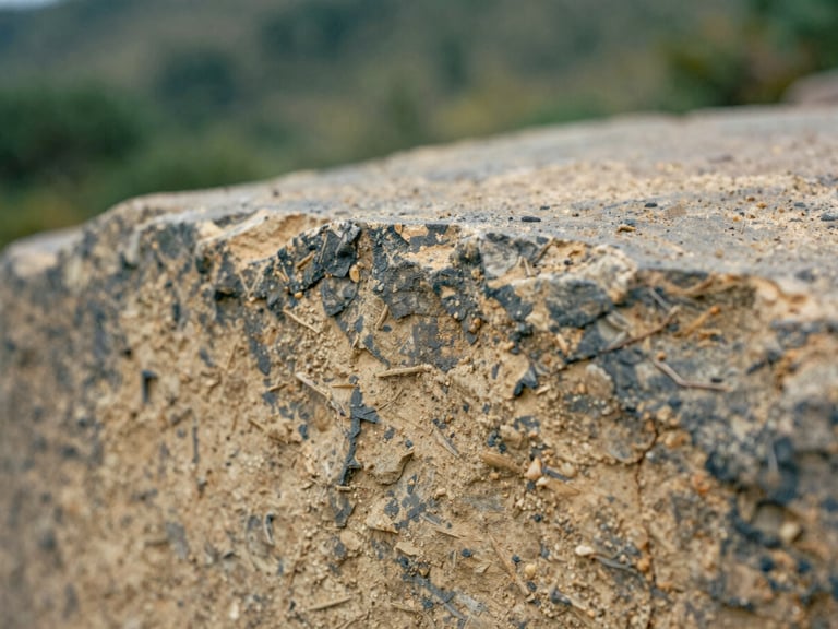 Extreme close-up of a textured Neolith slab edge, showing rich earthy sand and charcoal tones, shallow depth of field, soft natural side lighting, 35mm