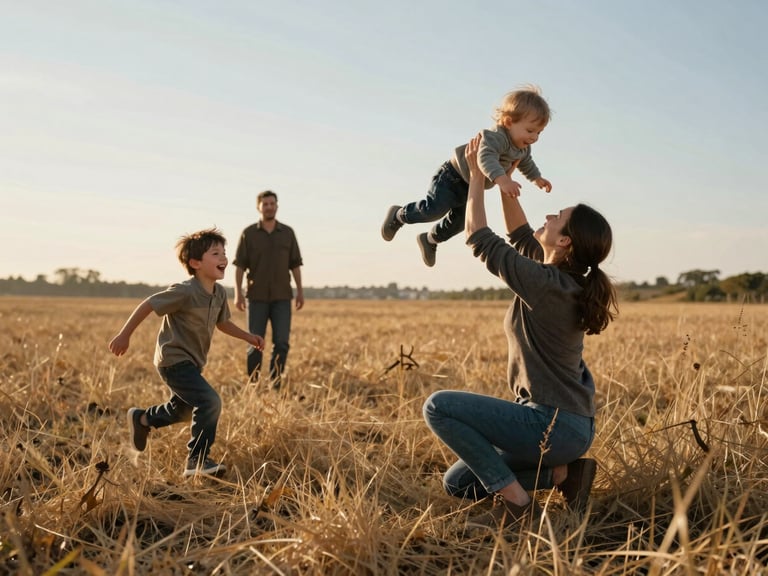 Landscape frame, warm north-facing afternoon light — a mother crouched in dry grass lifting a toddler overhead while an older child runs laughing into the frame from the left, father watching just out of sharpest focus in the background, natural setting with low golden light across the field