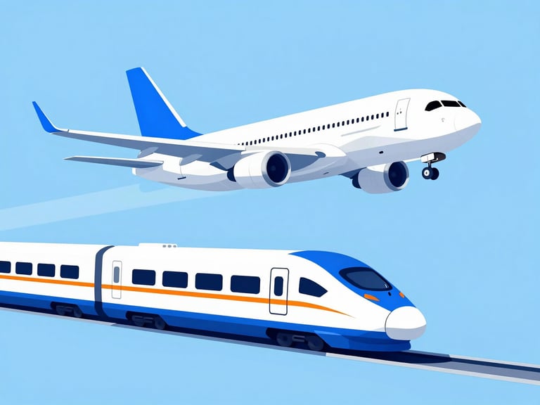 A modern commercial airplane soaring above a sleek high-speed passenger train, bright daylight, clean vector illustration, royal blue and orange accents, high-contrast minimalist style.