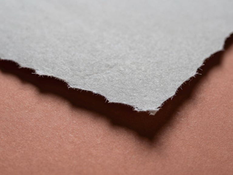 Macro photograph of layered handmade paper with rough torn edges, soft side-lighting casting delicate shadows on a muted terracotta surface.