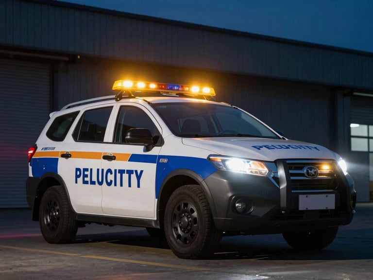 Low-angle night shot of a marked security patrol vehicle with amber lightbar active, parked outside a dark industrial warehouse perimeter, illuminated by sharp headlights.