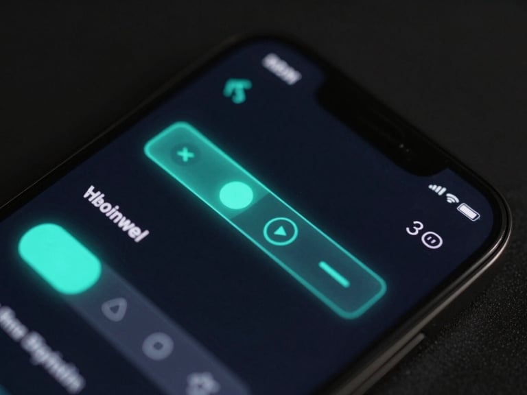 Close-up of a high-fidelity mobile UI mockup on a dark screen, glowing neon cyan status indicators, sharp focus, 35mm