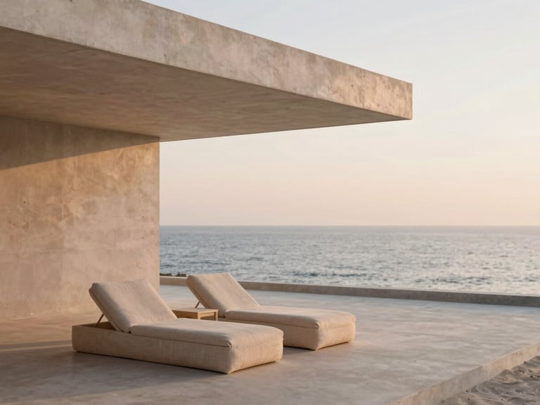 Sun-drenched minimalist concrete pavilion with raw linen lounge chairs facing a calm ocean, warm golden-hour light