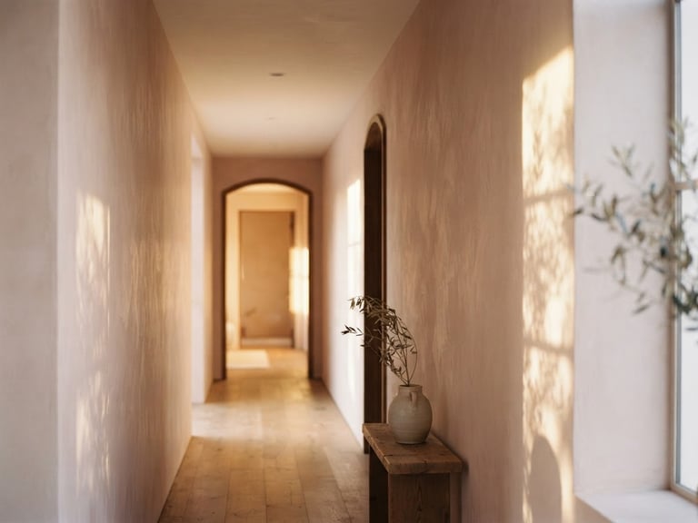 Sun-drenched minimalist corridor with soft shadow play on blush plaster walls, warm golden hour light, 35mm photography