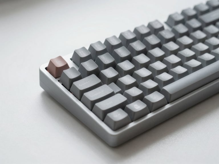 Minimalist product photography, macro shot of a sleek mechanical keyboard on a clean white desk, soft diffused overcast daylight, cool desaturated tones, sharp focus on a single key.