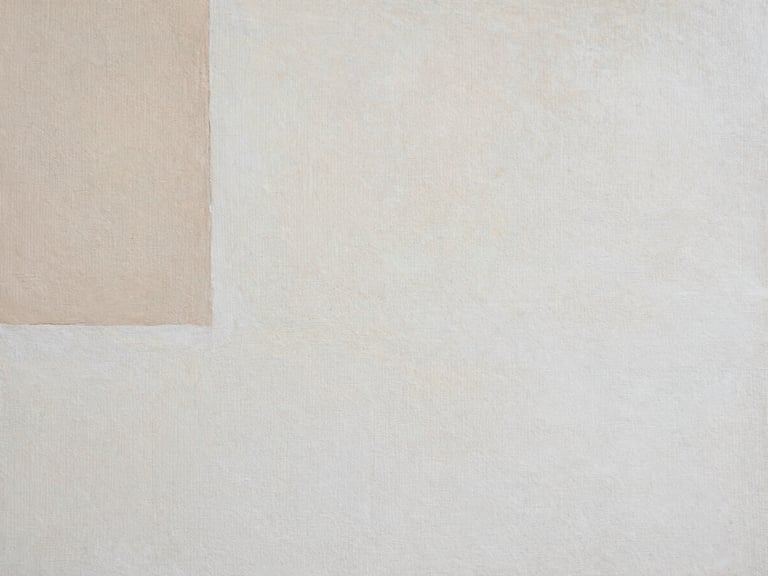Close-up of a minimalist abstract painting on raw canvas, showing visible texture and subtle natural earth tones. Soft diffused daylight, architectural crop.