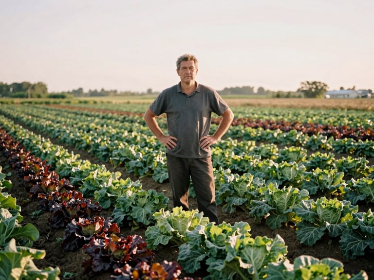 Wide shot of a farmer proudly standing in a lush, organic vegetable field at golden hour, hands on hips, natural light, 35mm film