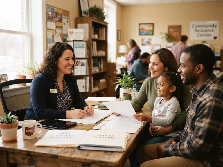 A warm, natural light portrait of an Ohio housing counselor smiling while meeting with a family in a bright, welcoming community resource center office, 35mm