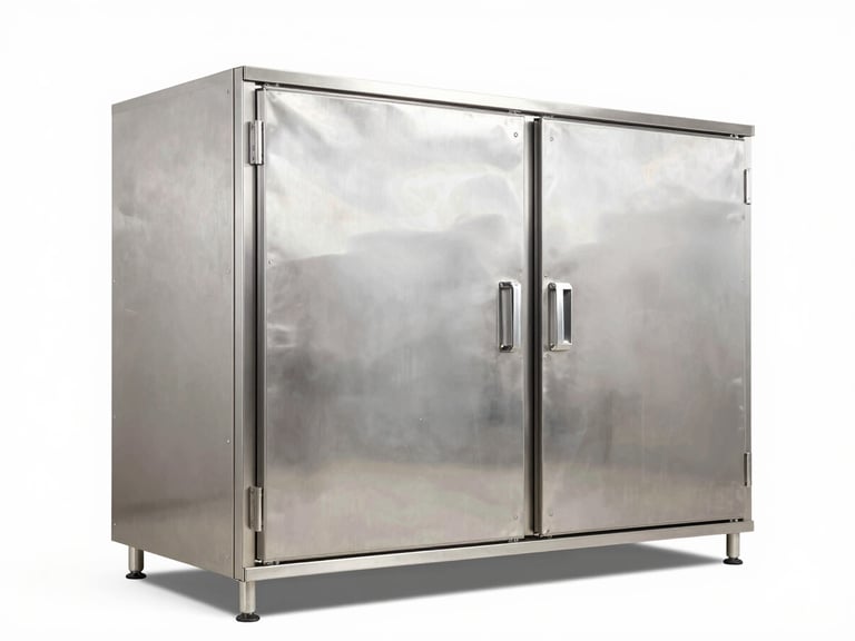 Immaculate stainless-steel cold storage facility, clean sterile environment, bright high-key lighting, cool tones
