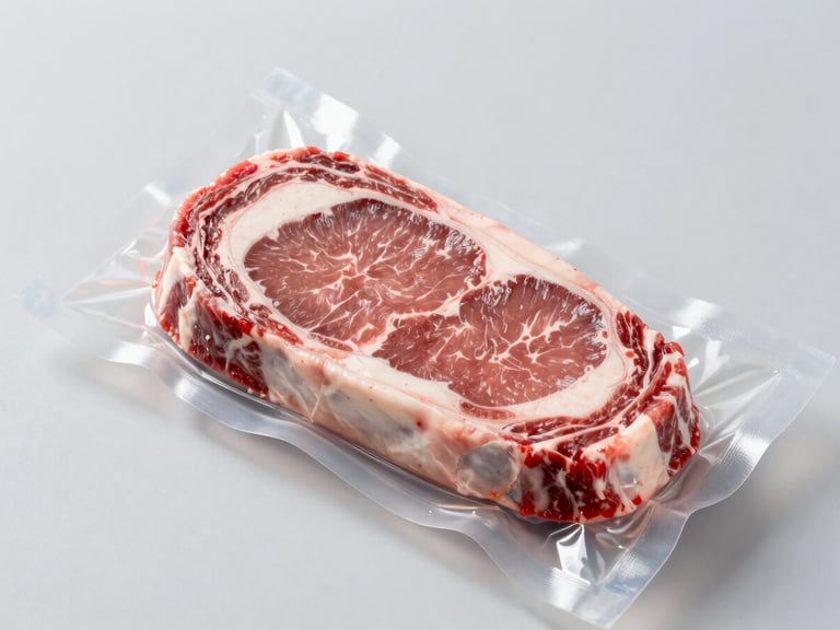 Macro shot of fresh raw ribeye steak sealed tightly in clear high-barrier vacuum packaging, bright studio lighting, sterile gray background